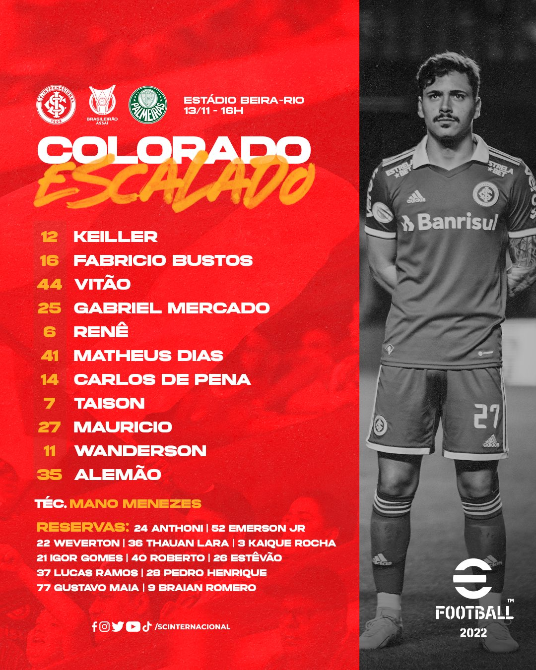 Com surpresa no ataque, Inter está escalado para enfrentar o Palmeiras