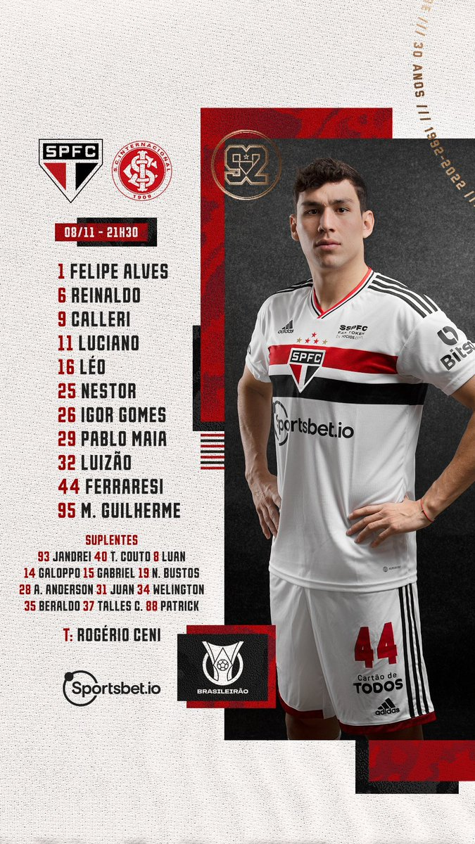 Com ex-Inter, o São Paulo está escalado para o jogo de logo mais