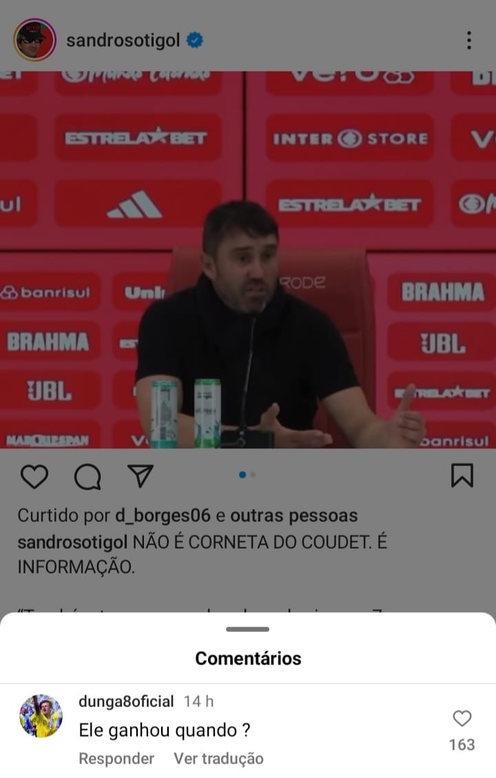 Dunga comenta postagem e questiona Eduardo Coudet após polêmica com a torcida do Inter
