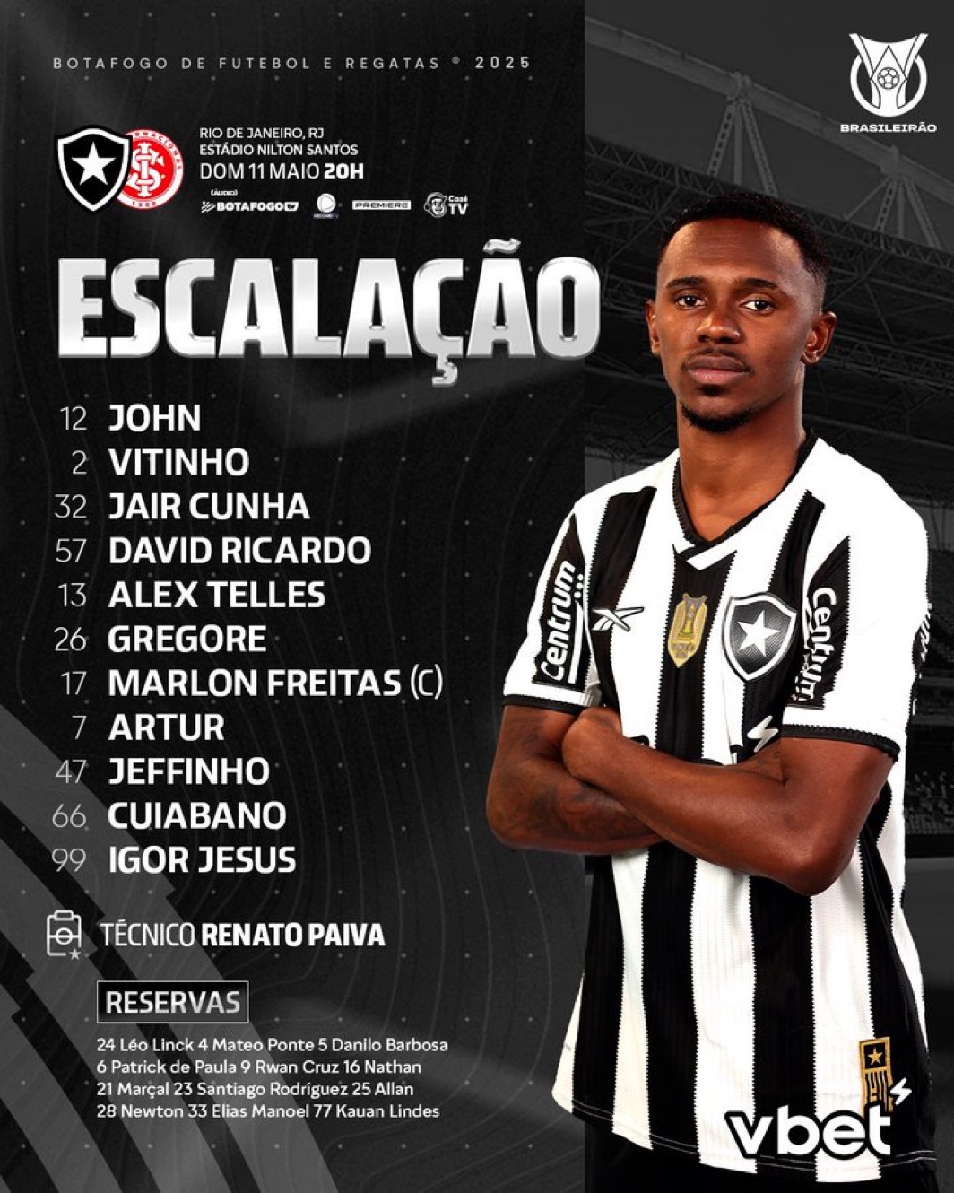 Confirmado! Saiba a escalação do Botafogo para encarar o Inter